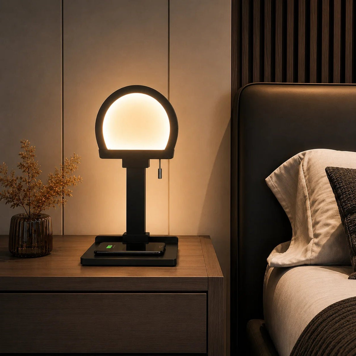 Nachttischlampe im Bauhaus-Stil mit Qi Handy-Ladestation