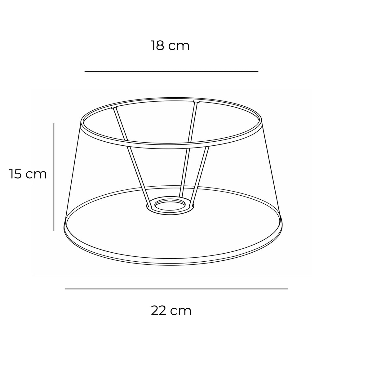 Technische Zeichnung eines konischen Lampenschirms mit Maßangaben 18 cm oben, 22 cm unten und 15 cm Höhe, schematische Darstellung der Form und Konstruktion, Artikelnummer 2522-237