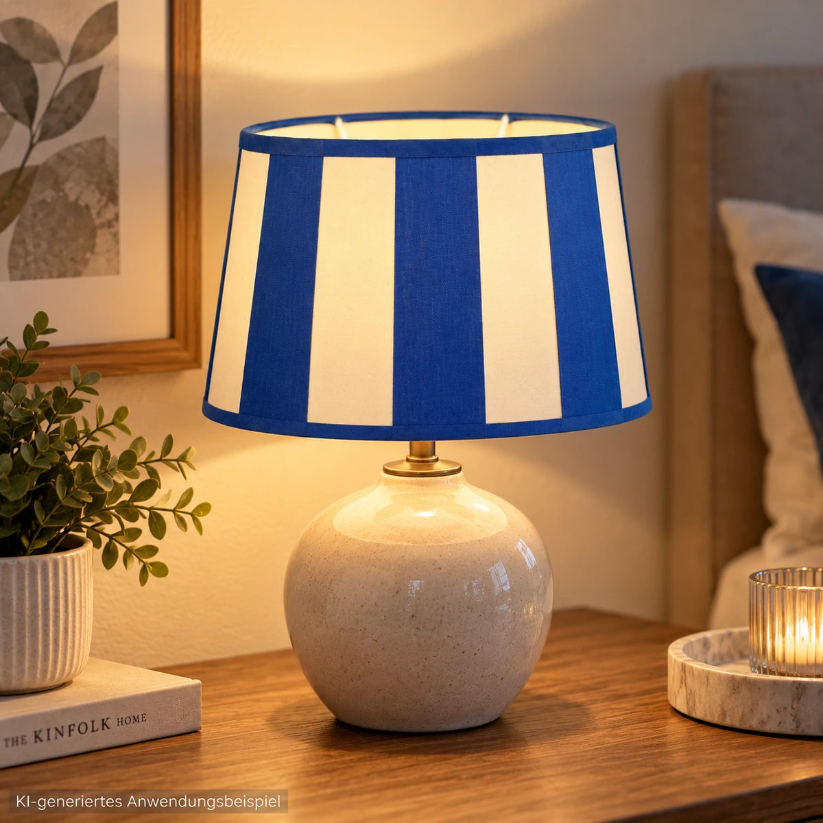 Anwendungsbeispiel des blau-cremefarbenen ovalen Lampenschirms auf einer Tischlampe