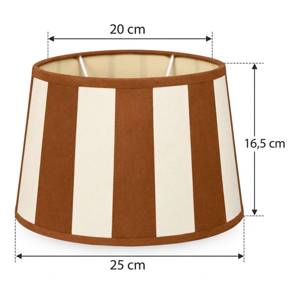 Maßgrafik des ovalen Lampenschirms mit 20 cm oben, 25 cm unten und 16,5 cm Höhe
