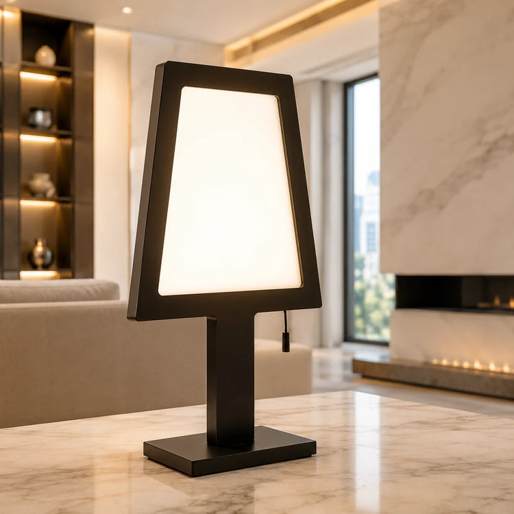 Moderne schwarze LED Tischleuchte auf Marmorplatte, elegante Designer Leuchte mit warmem Licht für Wohnzimmer und Schlafzimmer
