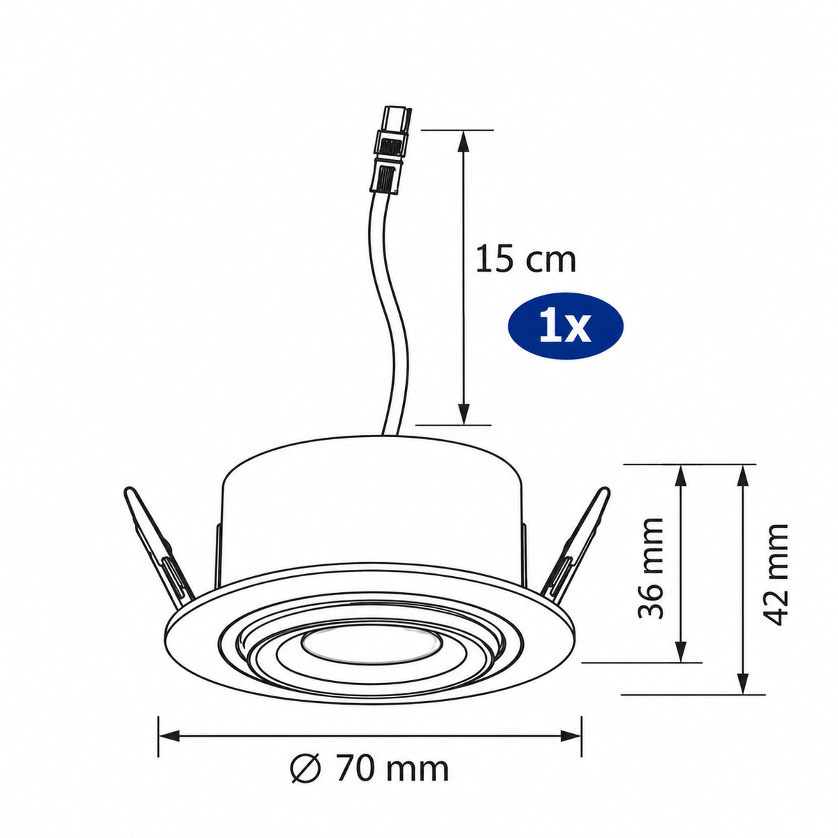 Malmbergs MD-13 LED Einbaustrahler Maßzeichnung mit 70 mm Durchmesser, 42 mm Höhe und 15 cm Anschlusskabel