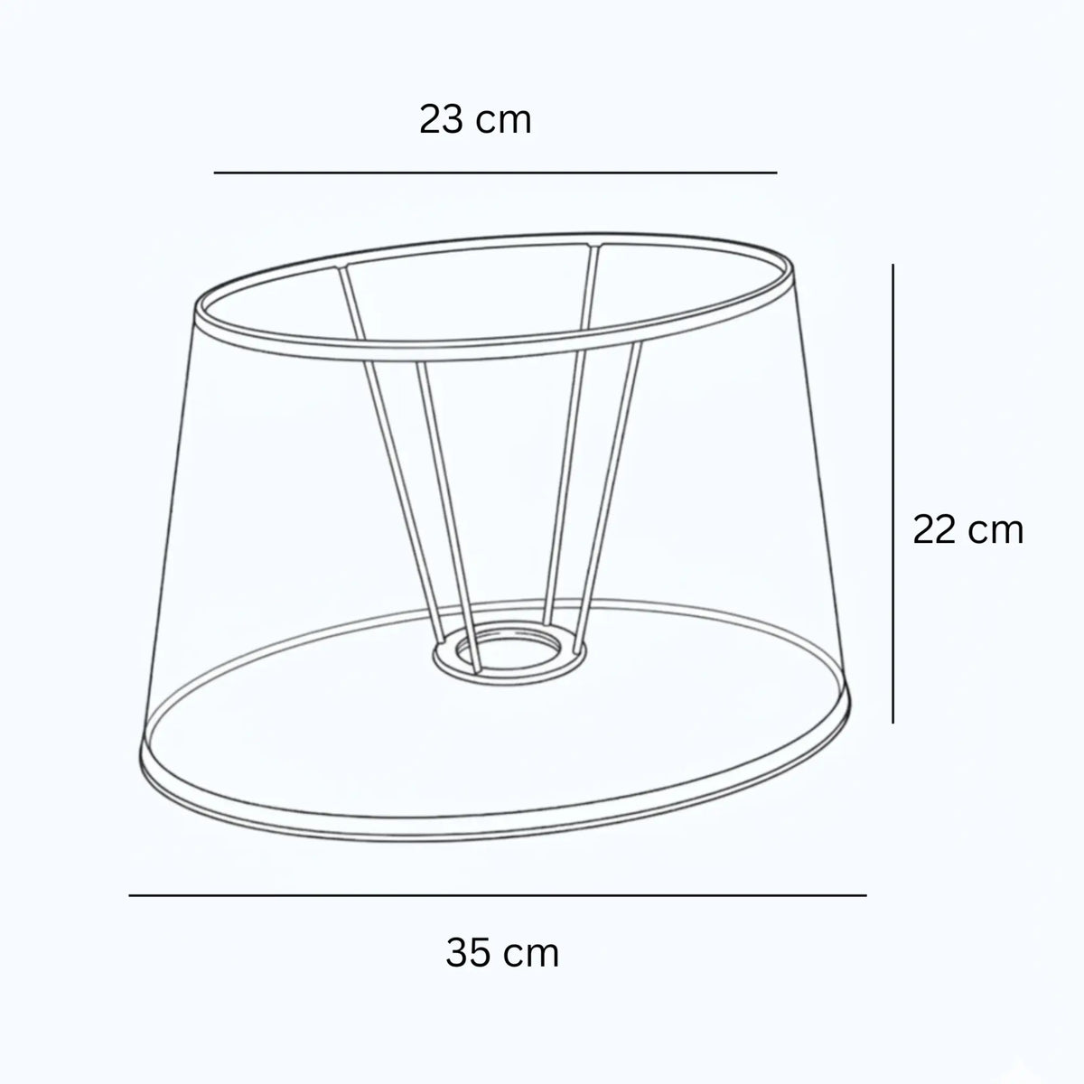 Technische Skizze eines braunen ovalen Lampenschirms aus Leinen mit Maßen 23 cm oben, 35 cm unten und 22 cm Höhe, E27, Light & Living, Artikelnummer 32435-1781
