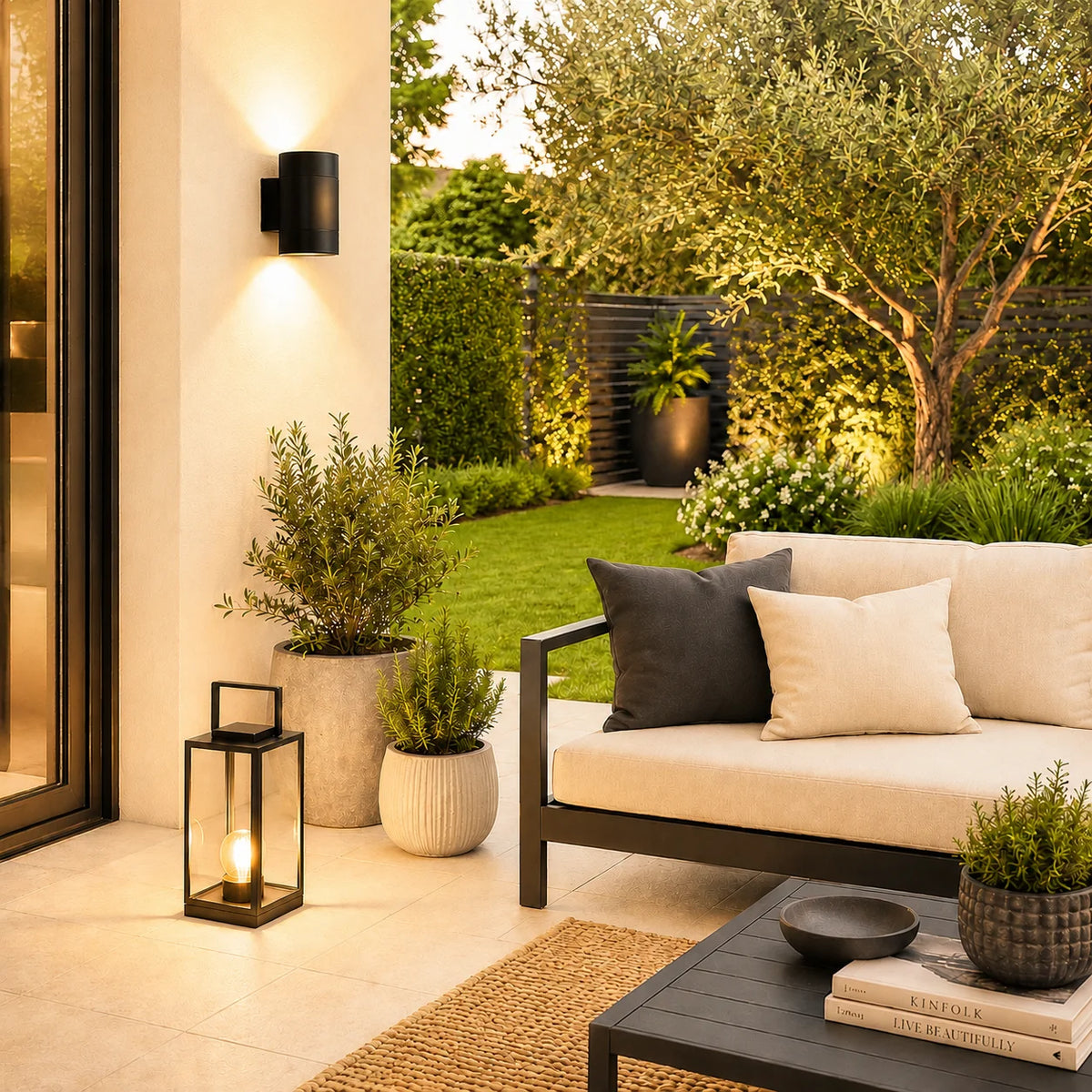 Moderne Terrasse mit Gartenblick, schwarzen Außenwandleuchten, Laterne und gemütlichem Sitzbereich in warmem Licht.