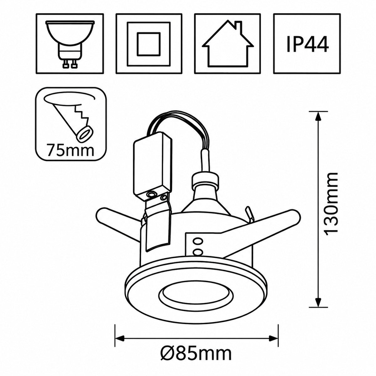 Maßzeichnung LED Einbaustrahler 3er Set Chrom IP44 Mit 5W GU10 - EGLO IGOA 93219 - für 7,5cm einbauloch , 13cm hoch, außendurchmesser 8,5cm