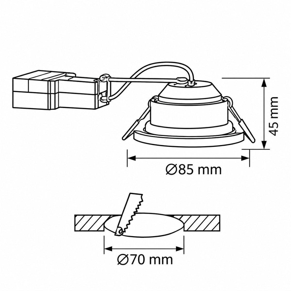 Schwenkbare LED Deckeneinbauleuchten Nickel matt – Maßskizze mit Ø85 mm, 70 mm Einbauöffnung und 45 mm Höhe
