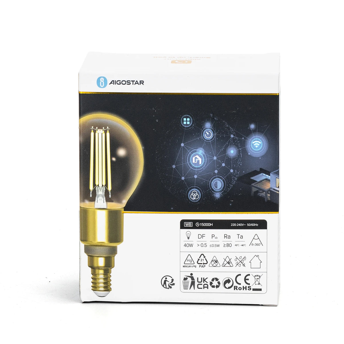 Aigostar smarte LED-Filamentlampen E14 G45 – 2er-Set, WLAN, 2700–6500 K – Verpackung