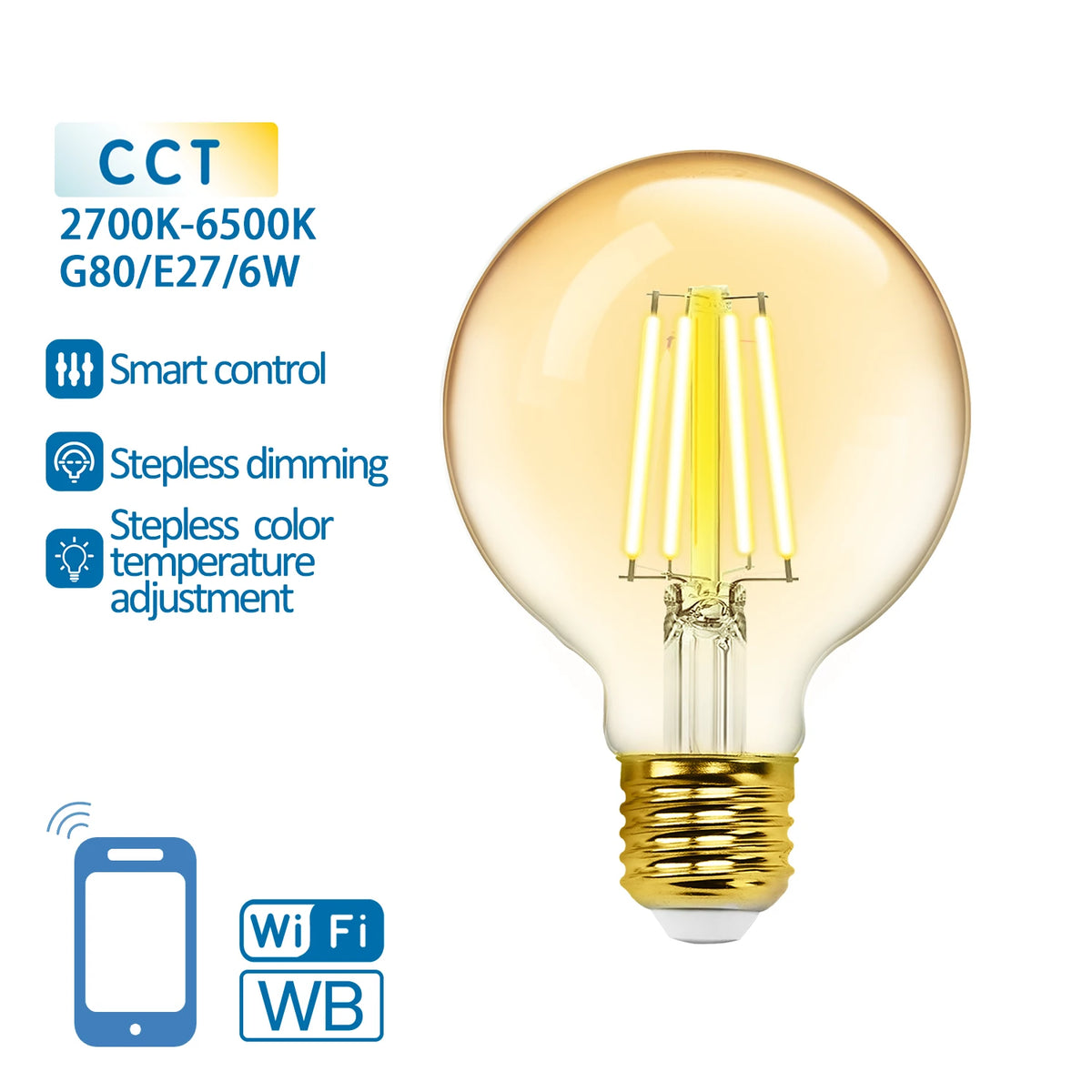 Aigostar smarte LED-Filamentlampe E27 G80 – Bernstein, WLAN, 6 W CCT – Produktansicht 2