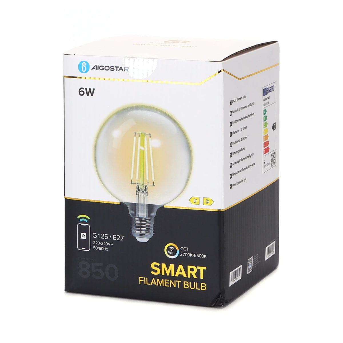 Aigostar smarte LED-Filamentlampe E27 G125 – klar, WLAN, 6 W CCT – Verpackung