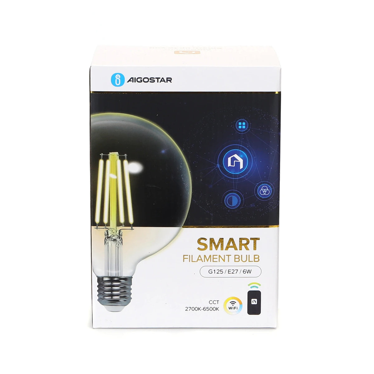 Aigostar smarte LED-Filamentlampe E27 G125 – klar, WLAN, 6 W CCT – Verpackung