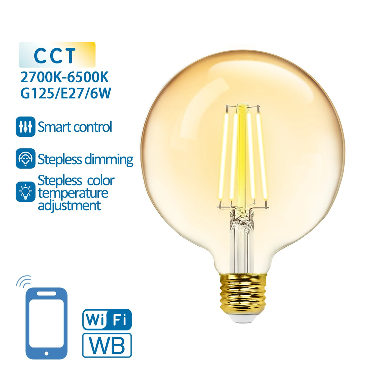 Aigostar smarte LED-Filamentlampe E27 G125 – Bernstein, WLAN, 6 W CCT – Produktansicht 2