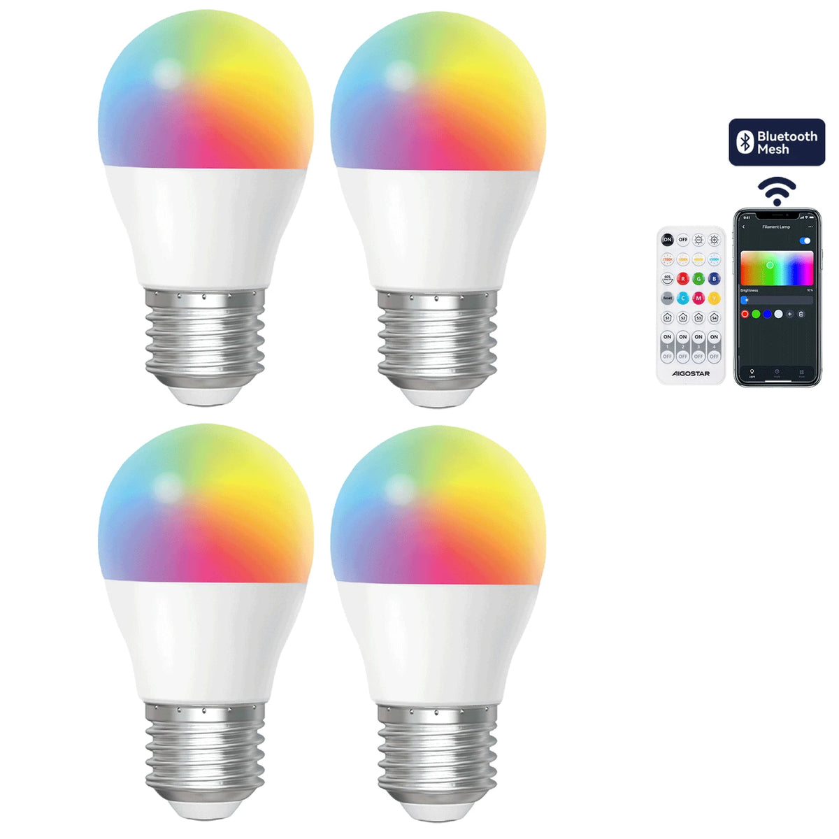 Aigostar smarte LED-Lampen E27 G45 – 4er-Set, 6,5 W RGB+CCT, Bluetooth Mesh – Hauptbild