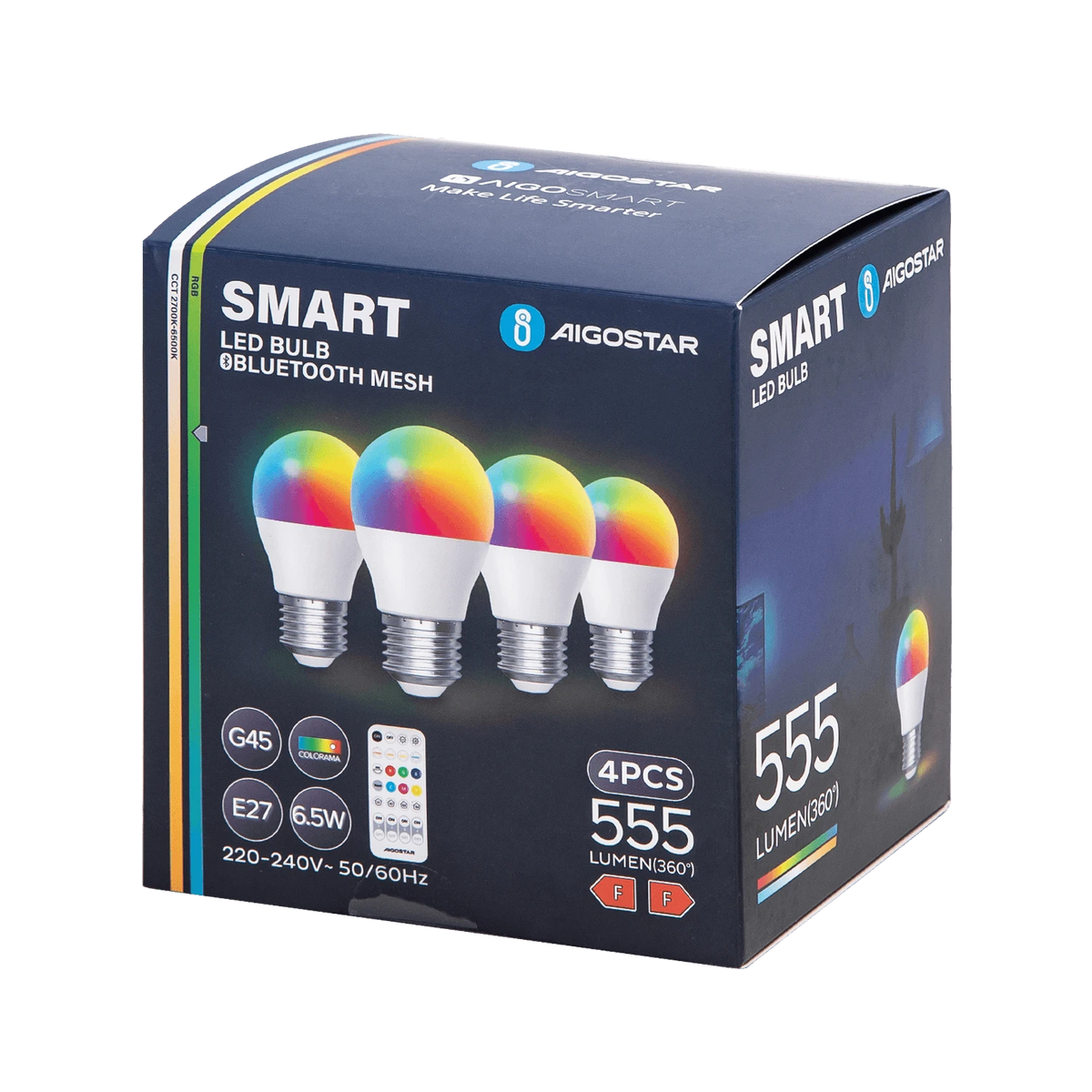 Aigostar smarte LED-Lampen E27 G45 – 4er-Set, 6,5 W RGB+CCT, Bluetooth Mesh – Verpackung