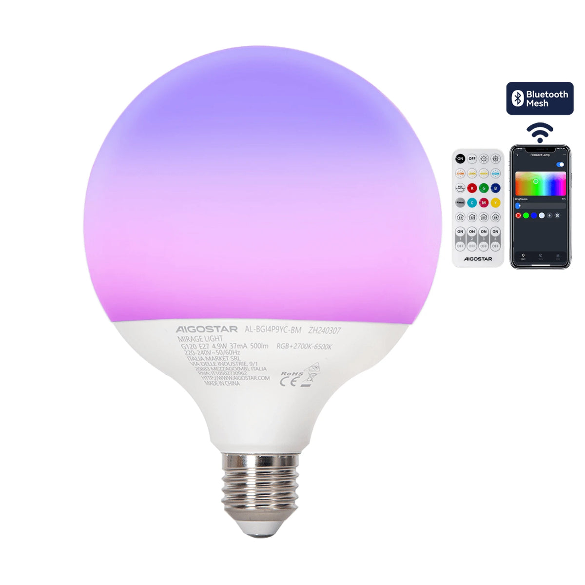 Aigostar smarte LED-Lampe E27 G120 Mirage – 4,9 W RGB+CCT, Bluetooth Mesh – Hauptbild