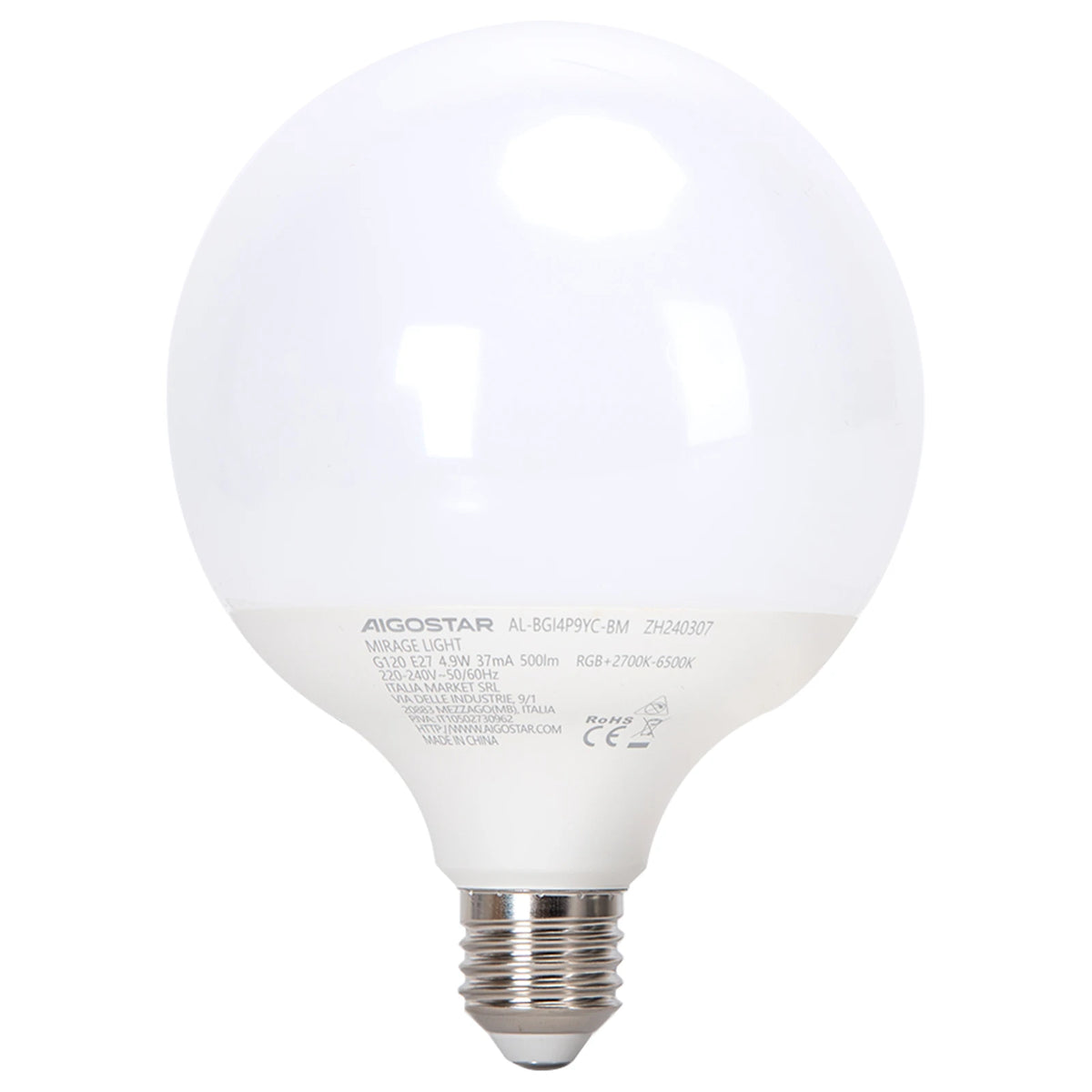 Aigostar smarte LED-Lampe E27 G120 Mirage – 4,9 W RGB+CCT, Bluetooth Mesh – Produktansicht 2