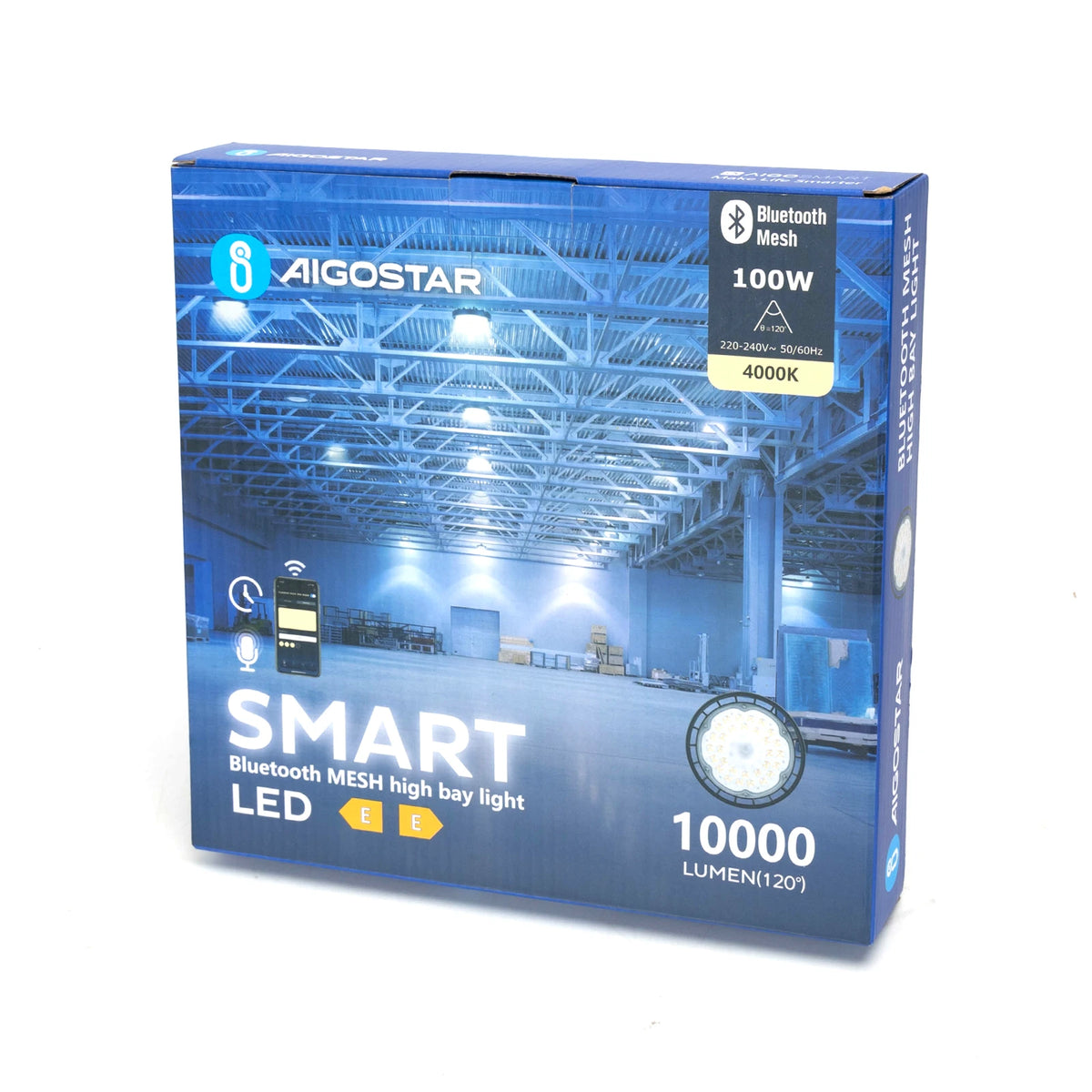 Aigostar smarte LED-Hallenleuchte 100 W – 4000 K, 10000 lm, IP65, Bluetooth Mesh – Verpackung