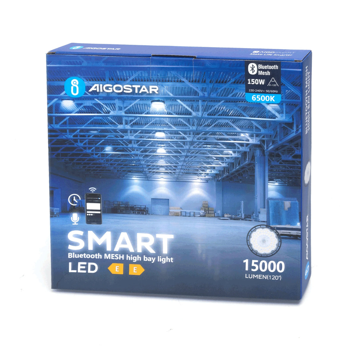 Aigostar smarte LED-Hallenleuchte 150 W – 6500 K, 15000 lm, IP65, Bluetooth Mesh – Verpackung