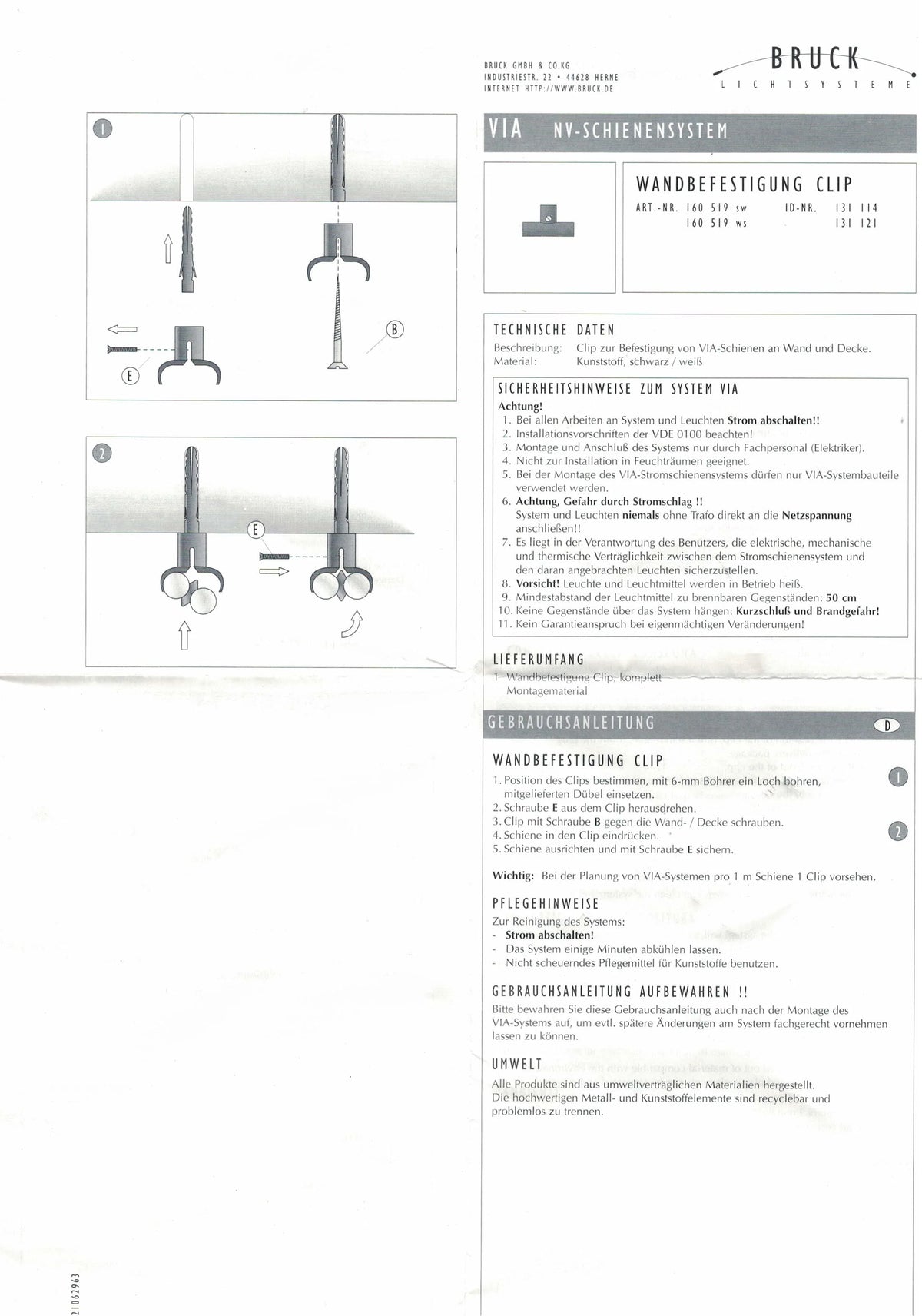 anleitung Deckenbefestigung Wandhalter Schiene  Schienensystem 12V VIA Bruck Lichtsysteme Clips 160 519 ws 