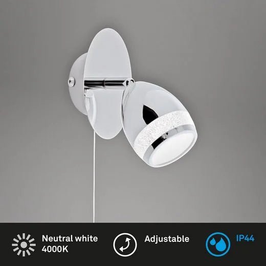 Wandlampe LED mit Zugschalter Chrom Leselampe Glitzer IP44