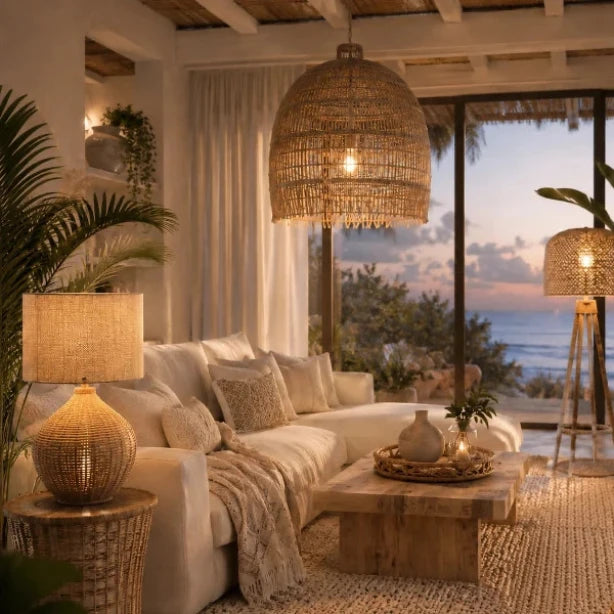 Boho-Wohnzimmer mit Rattan-Pendelleuchte, Rattan-Tischlampe und Stehlampe vor großem Fenster mit Meerblick.