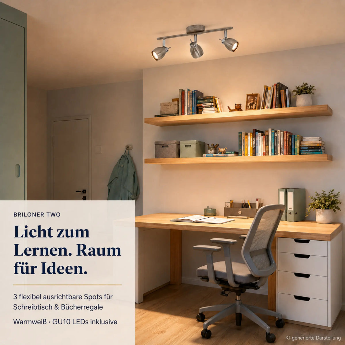 Briloner TWO LED-plafondspot 3-lichts – GU10 draaibaar, mat nikkel, warmwit
