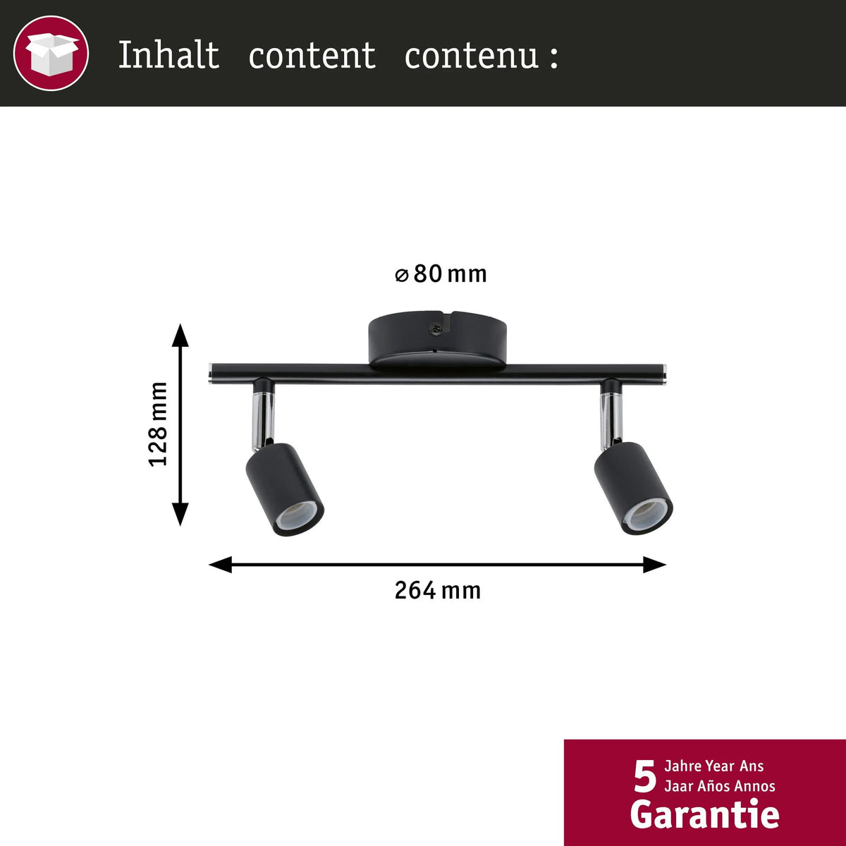 27 cm langer Deckenstrahler 2-flammig GU10 schwarz Paulmann 667.51 Carolina 