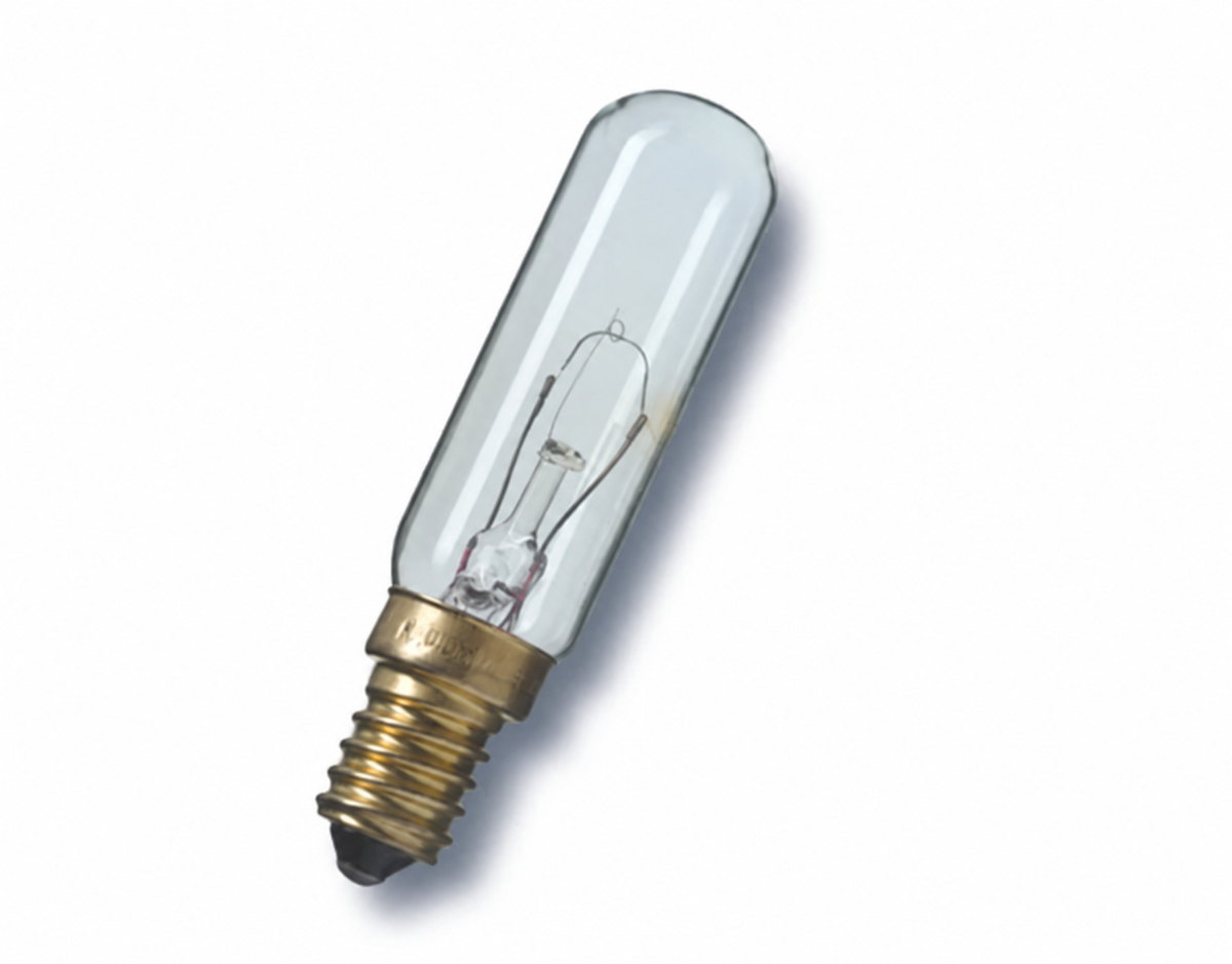 Eine klare E14 Röhrenlampe mit 24 Volt und 25 Watt, 85 mm lang und 20 mm im Durchmesser, mit Schraubsockel auf weißem Hintergrund.