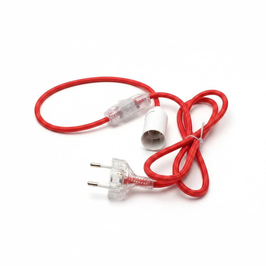 E14 Lampen Fassung Schalter mit Stecker Textil rot