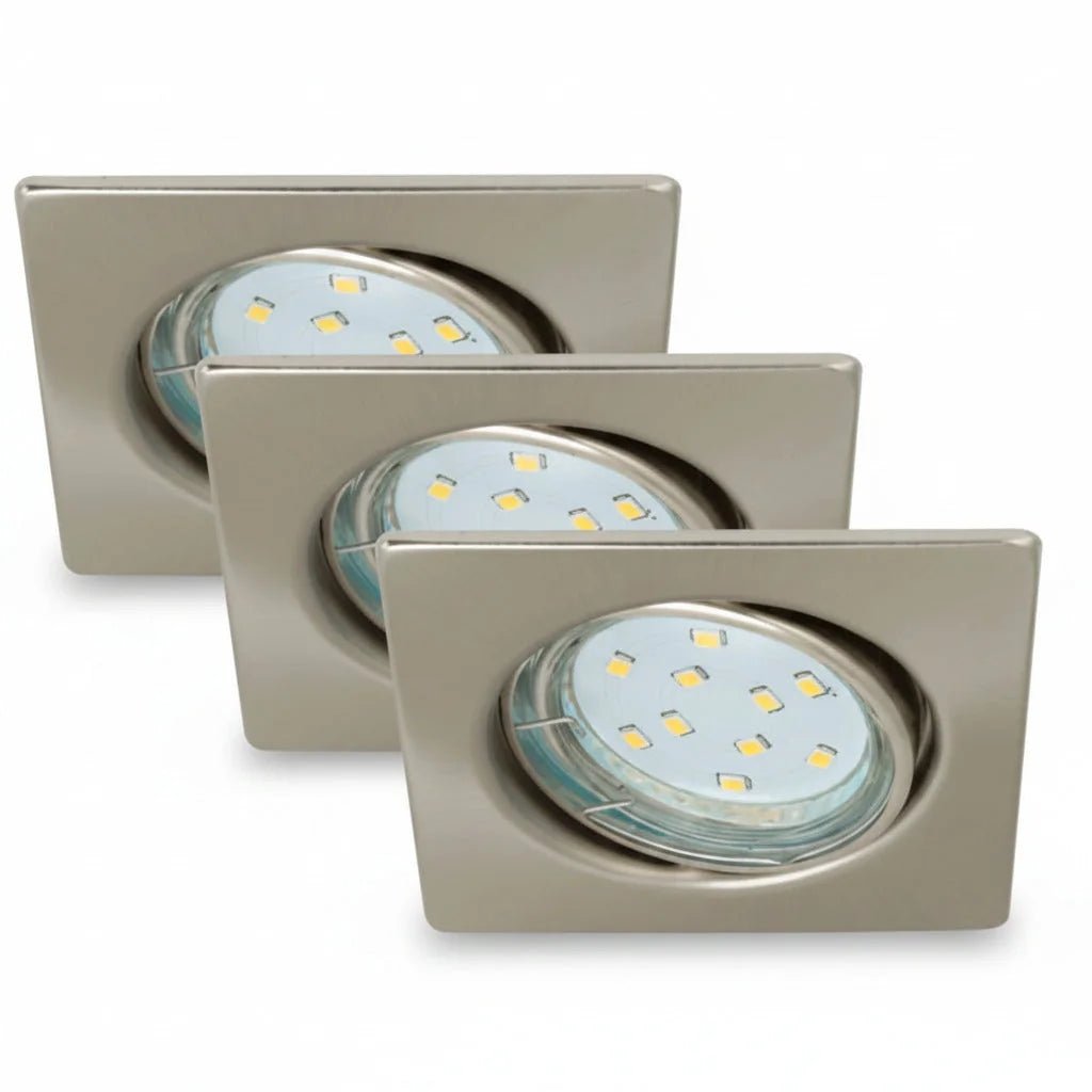 3er Set Einbauleuchten eckig nickel matt GU10 inkl. 3W LED – Einbaustrahler IP23, schwenkbar, dimmbar, 68mm