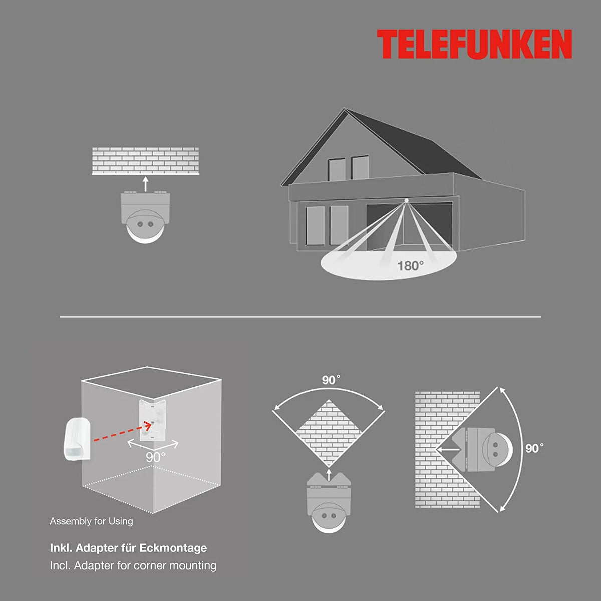 Bewegungsmelder für Eckmontage silber Reichweite 12m 180° IP44