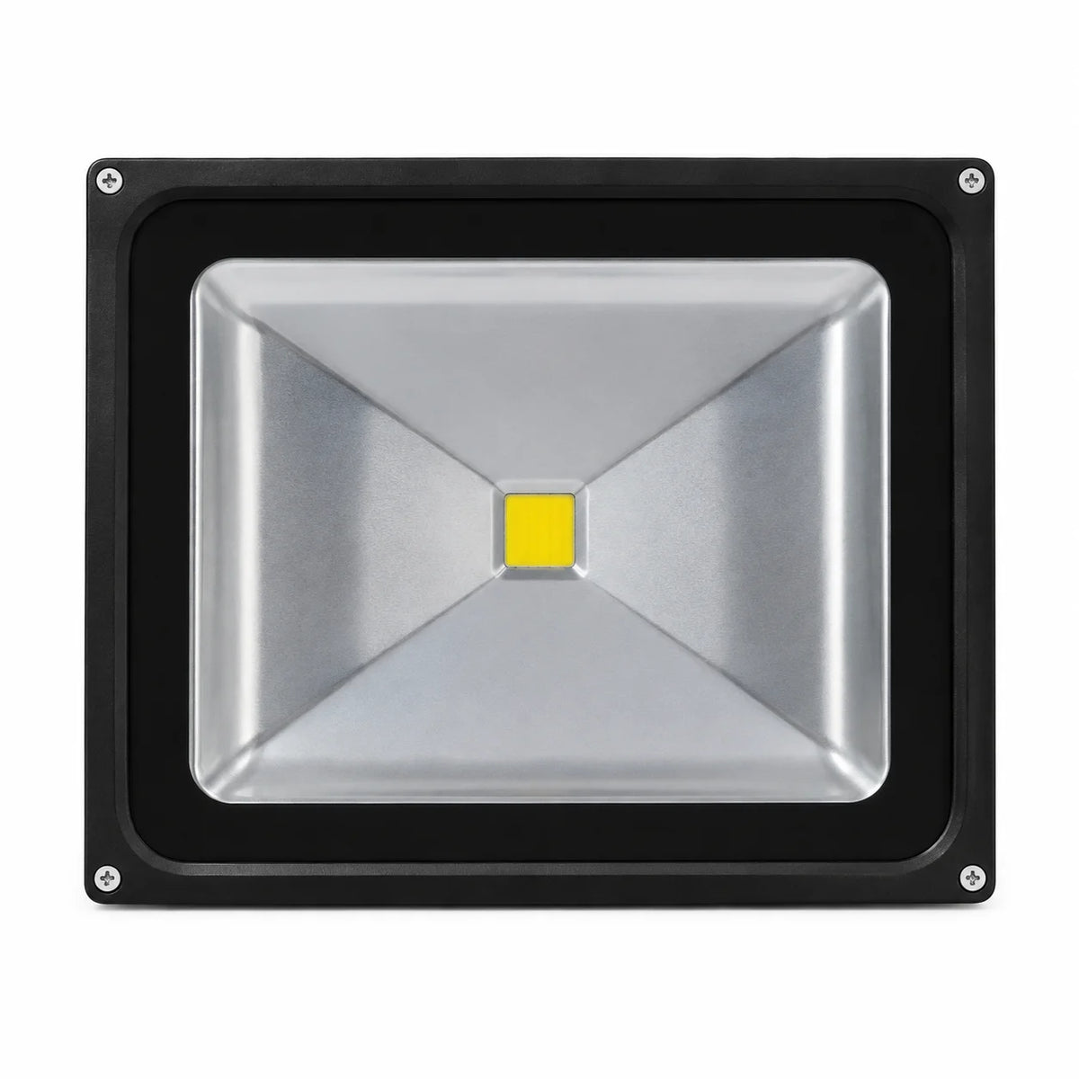 Schwarzer LED-Fluter 50 W mit silbernem Reflektor und zentralem LED-Modul in der Frontansicht