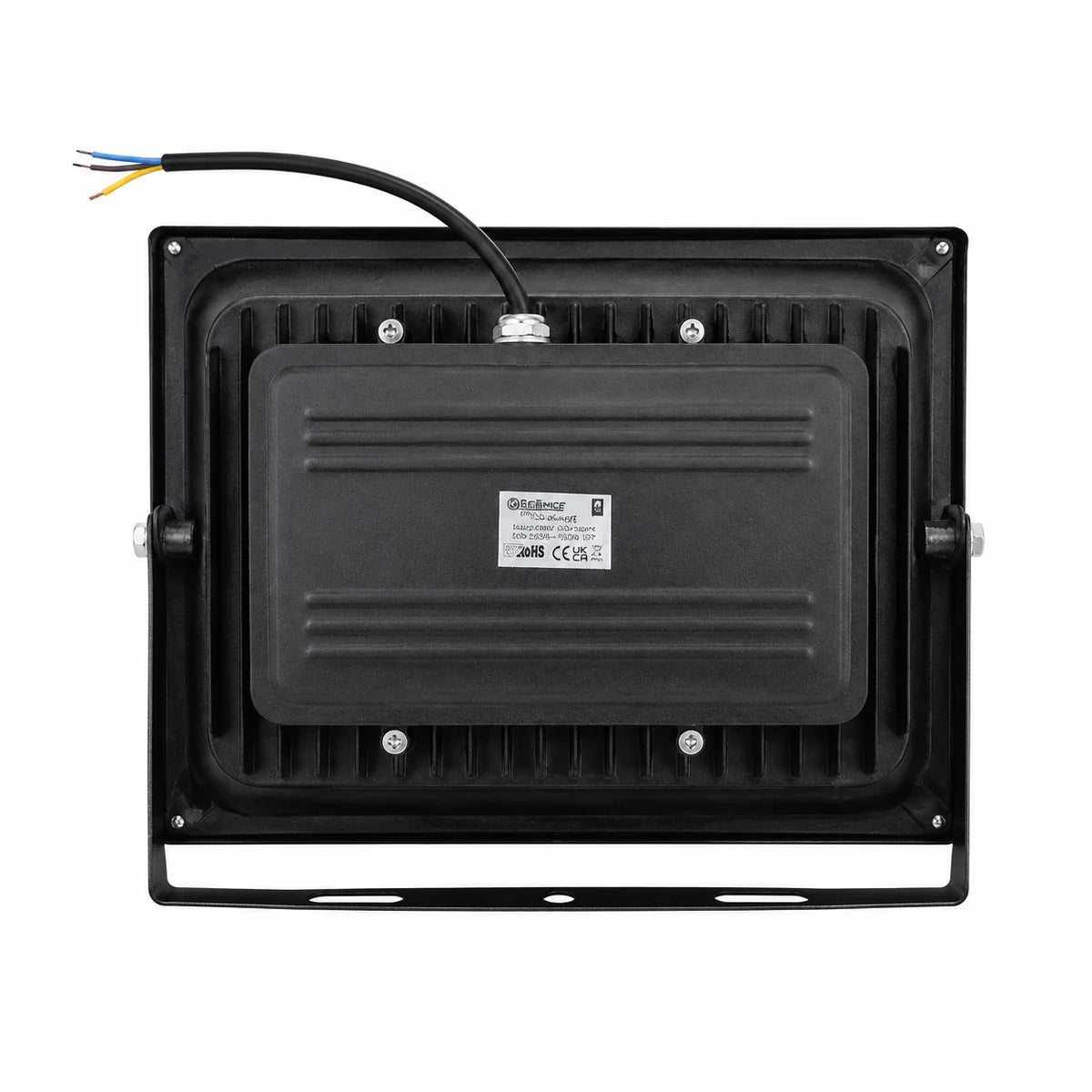 Rückseite des schwarzen LED-Fluters 50 W mit Gehäuse, Anschluss und verstellbarem Montagebügel