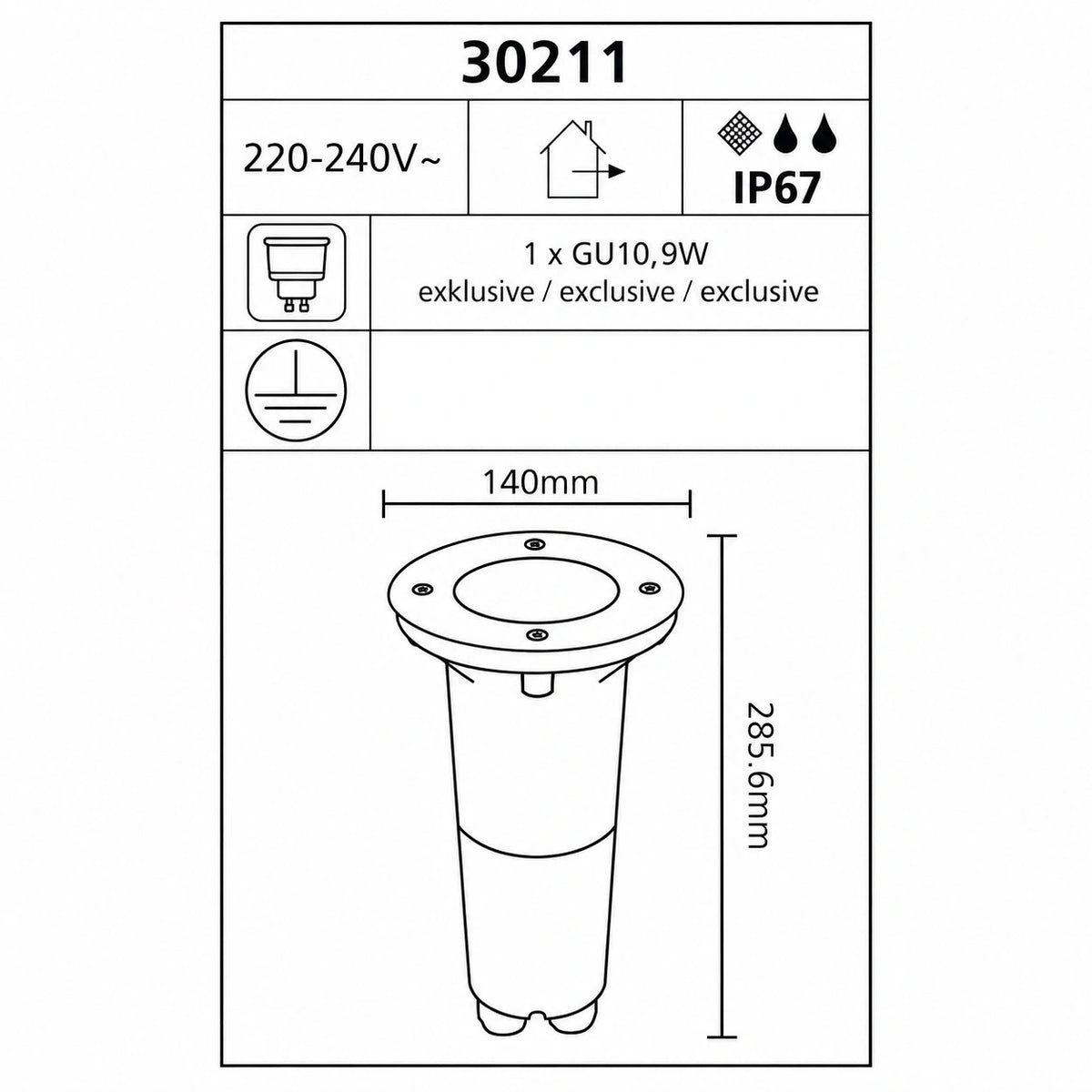 EGLO RIGA 3 30211 Bodeneinbaustrahler IP67 mit GU10-Fassung – technische Zeichnung mit Maßen 140 mm Durchmesser und 285,6 mm Höhe