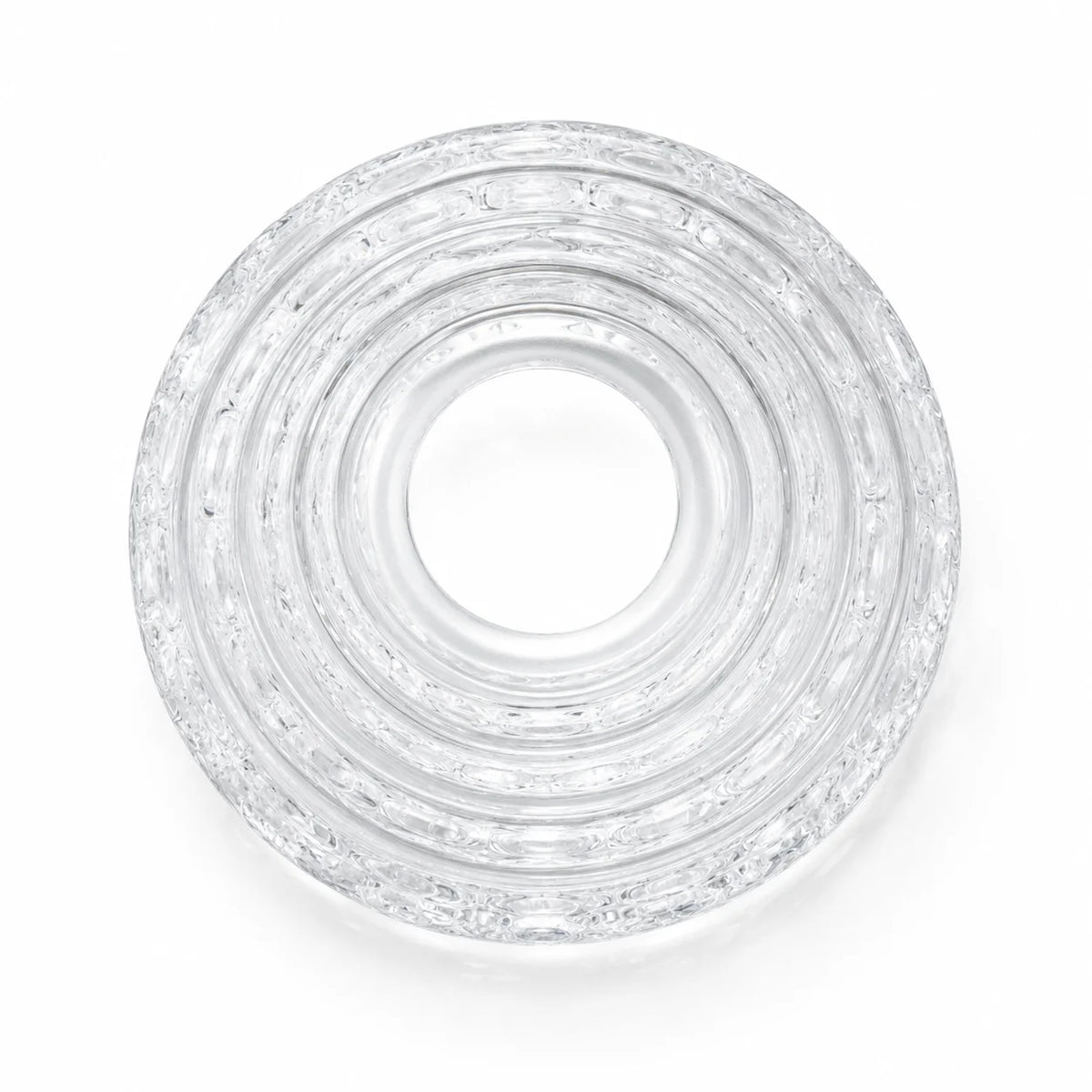 Draufsicht auf klares Ersatzglas mit zentraler Öffnung Ø ca. 43 mm und konzentrischer Glasstruktur