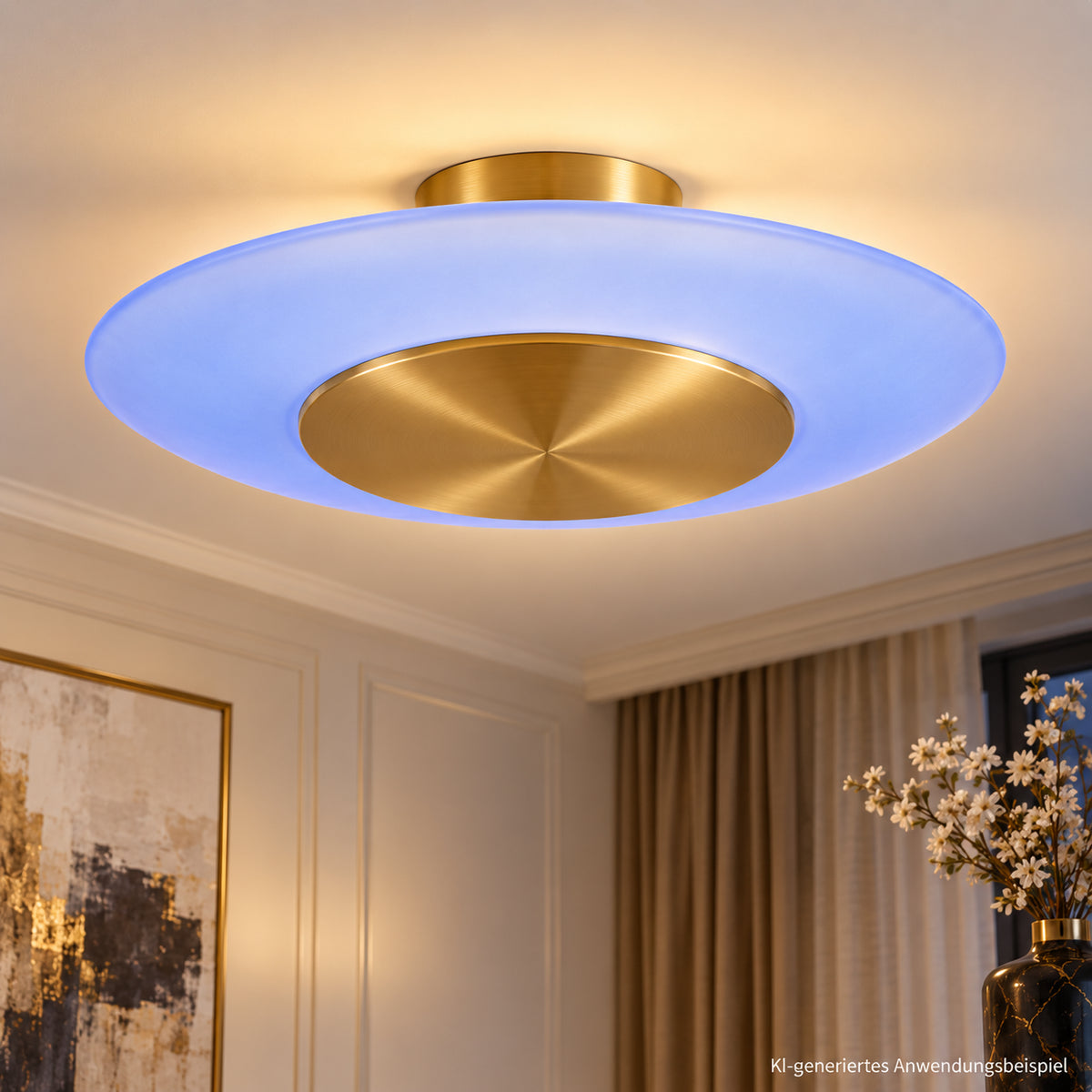 Ringförmiges Lampenglas Ersatz mit großer Öffnung als Anwendungsbeispiel an goldener Deckenlampe, KI-generiertes Anwendungsbeispiel