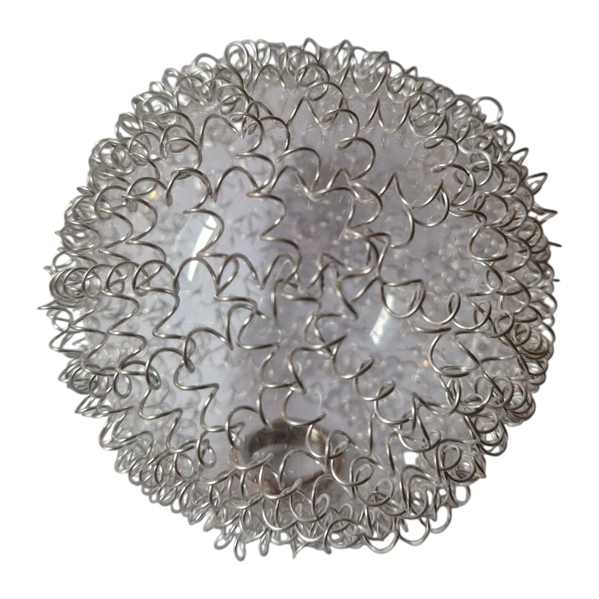 Retro Leuchtenglas in Kugelform mit filigranen silbernen Drahtwindungen und transparentem Glas