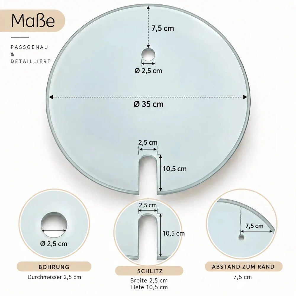Maßdarstellung des Ersatzglases mit 35 cm Durchmesser, 2,5 cm Bohrung, 2,5 cm breitem und 10,5 cm tiefem U-Ausschnitt sowie 7,5 cm Abstand der Bohrung zum Rand.