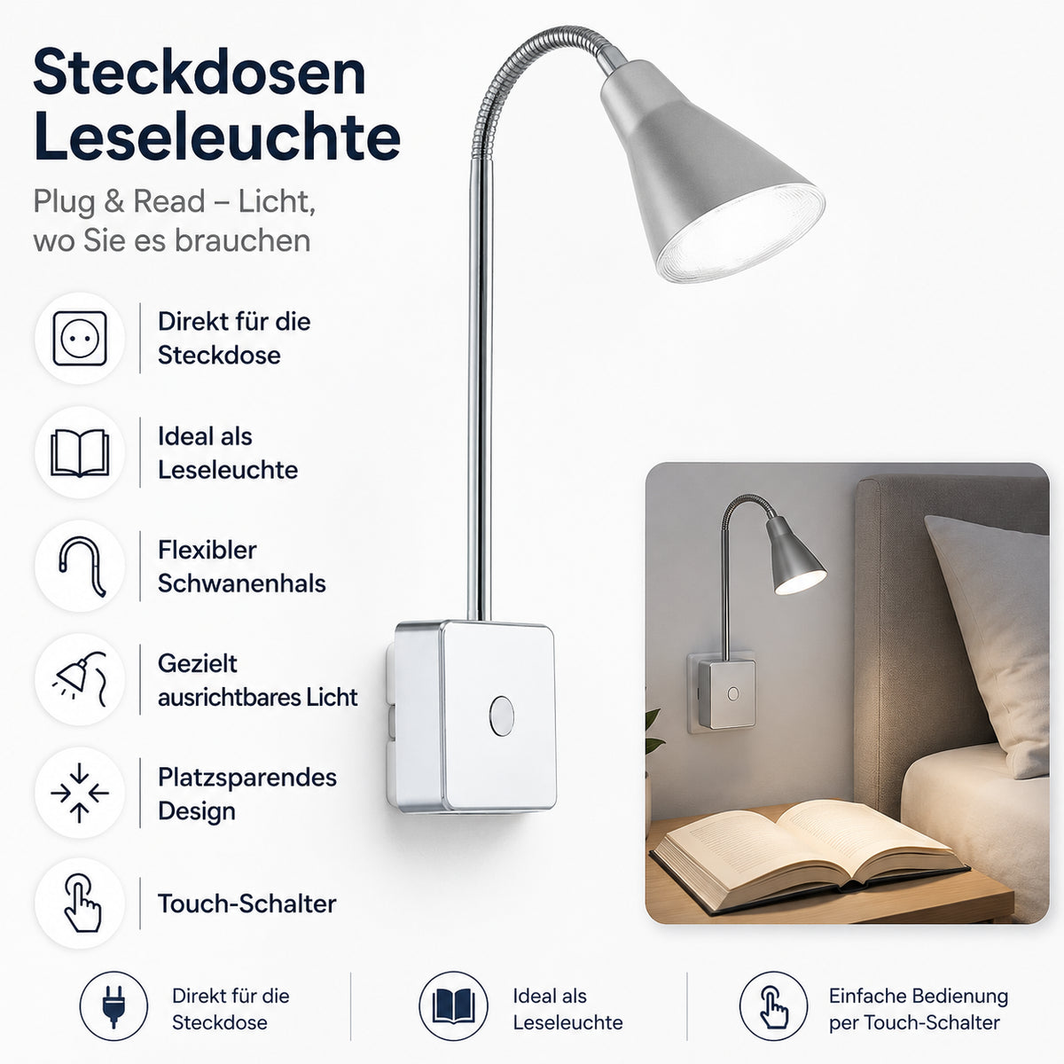steckdosenlampe led mit schalter toucwarmweiß 3000K eglo nera  92959  leselampe direkt für steckdose