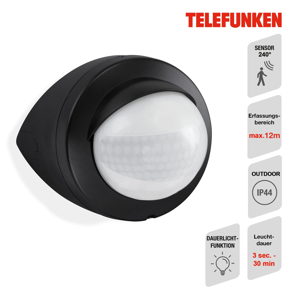 Bewegungsmelder für außen schwarz Reichweite 12m 200° Eckmontage IP44 - Saasil