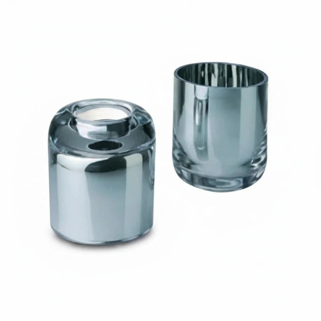GLAM Silber Dekoglas Glas Chrom Teelichthalter Kerzenleuchter Rund Tee – Vase / Glasvase / Deko-Vase – stilvolles Wohnaccesso