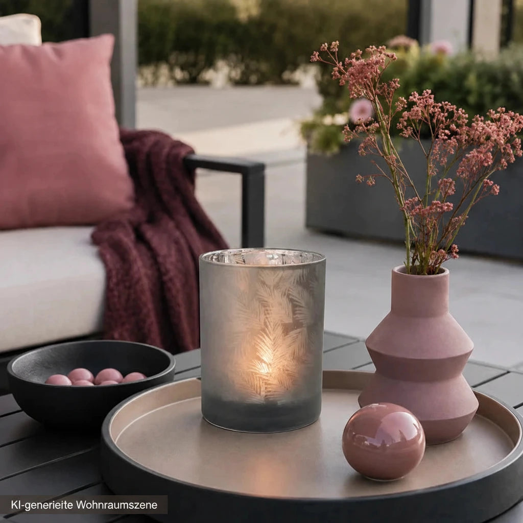 Grau-silbernes Glaswindlicht mit Blattmuster als elegante Dekoration in einem modernen Terasse