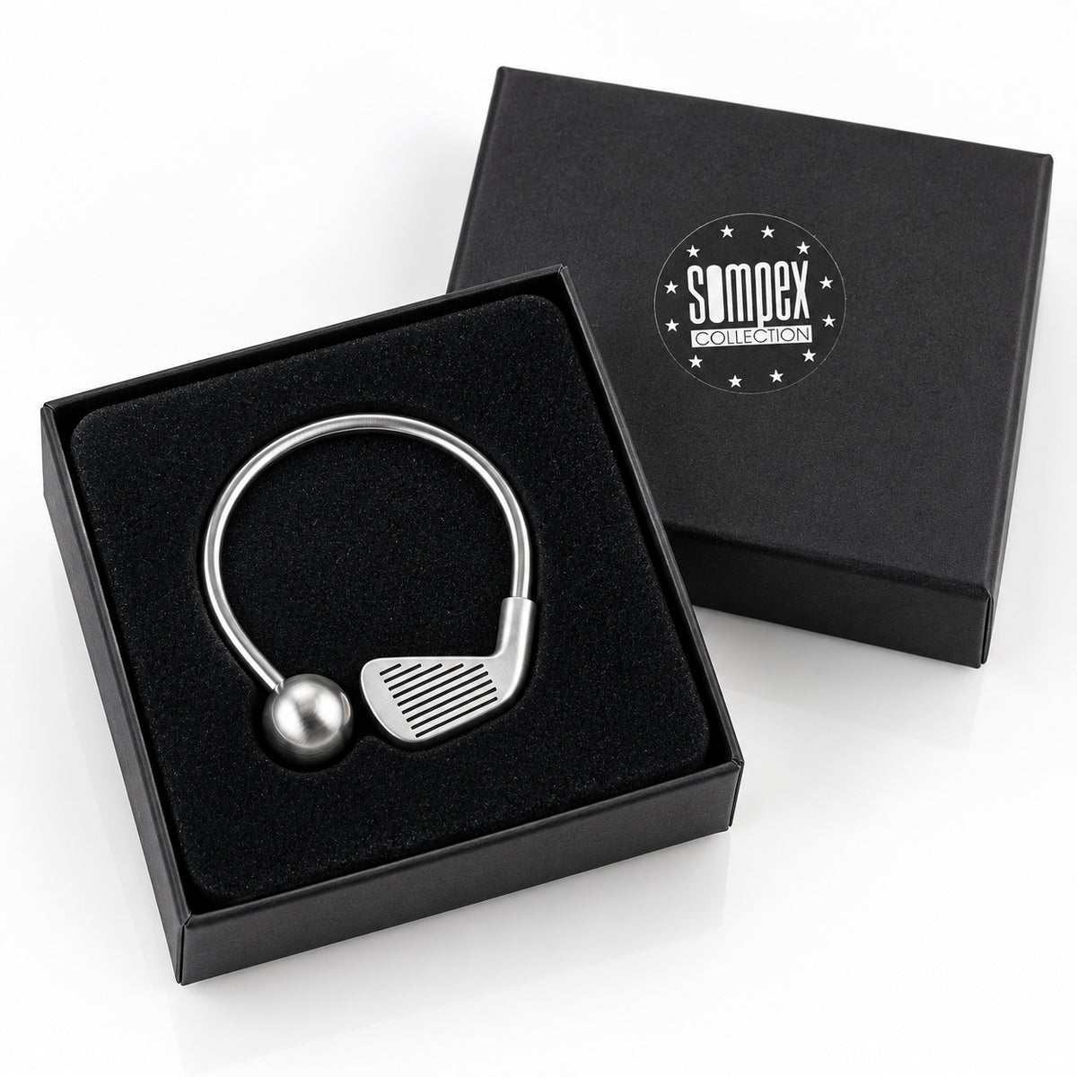 Golf Schlüsselanhänger silber matt mit Golfschläger Motiv in schwarzer Geschenkbox – Geschenk für Golfer
