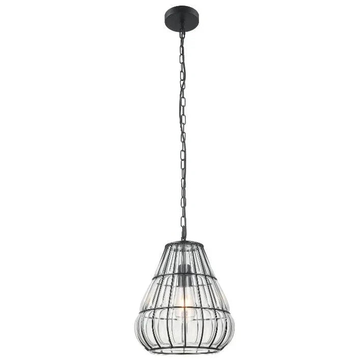 Rustikale Hängeleuchte im Vintage-Landhausstil mit transparentem Glasschirm und schwarzem Metall