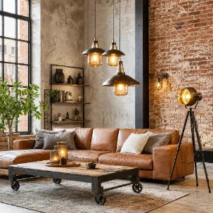 Industrial-Wohnzimmer mit Ledersofa, Pendelleuchten, Dreibein-Stehlampe und Wandleuchten vor Backsteinwand.