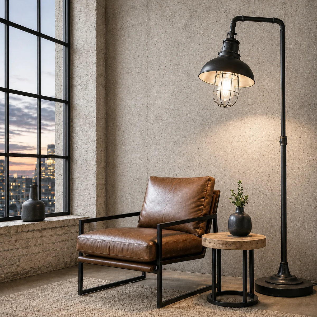 Schwarze Industrie Stehlampe im Loft Wohnzimmer, moderne Industrial Lampe mit warmem Licht und Lederstuhl