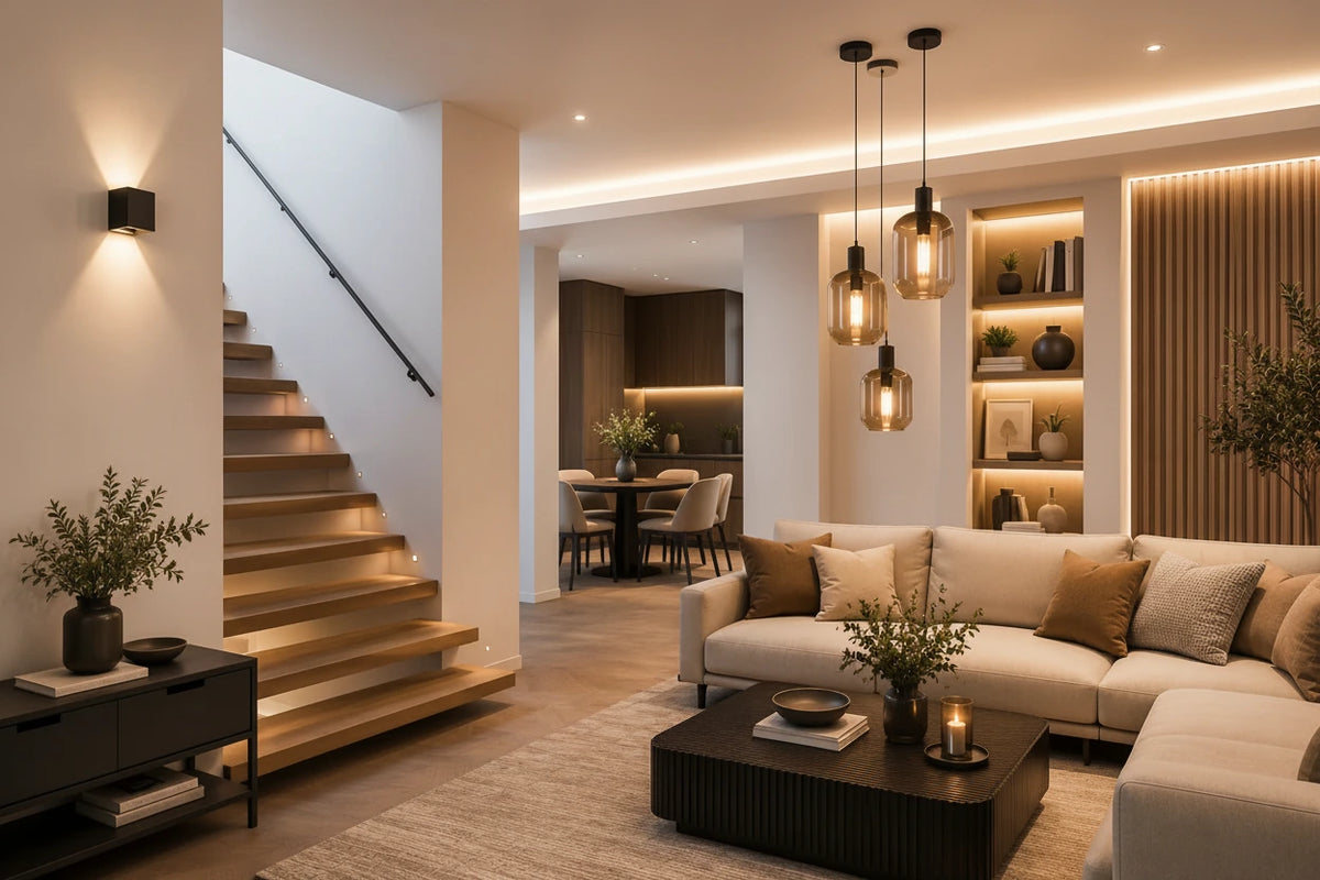 Moderne Innenbeleuchtung in einem eleganten Wohnbereich mit Pendel- und Wandleuchten.