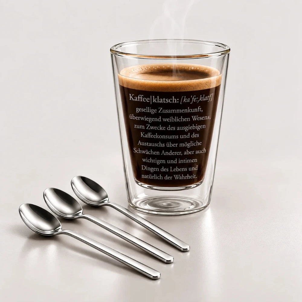 Doppelwandiges Kaffeeglas mit heißem Kaffee und drei silberfarbenen Löffeln als stilvolles Wohn- und Küchenaccessoire.