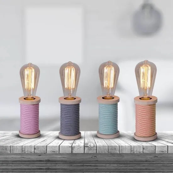 Kleine Näve Max Holz-Tischlampe E27 mit pinkem Textilseil als dekorative Wohnraumleuchte - Serie verschiedene farben