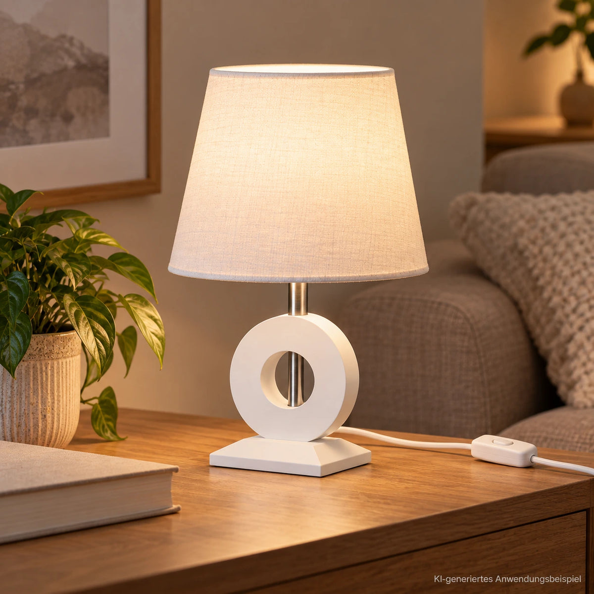 Tischlampenfuß E27 Weiß 22 cm mit weißem Steckerkabel und Schnurzwischenschalter, KI-generiertes Anwendungsbeispiel