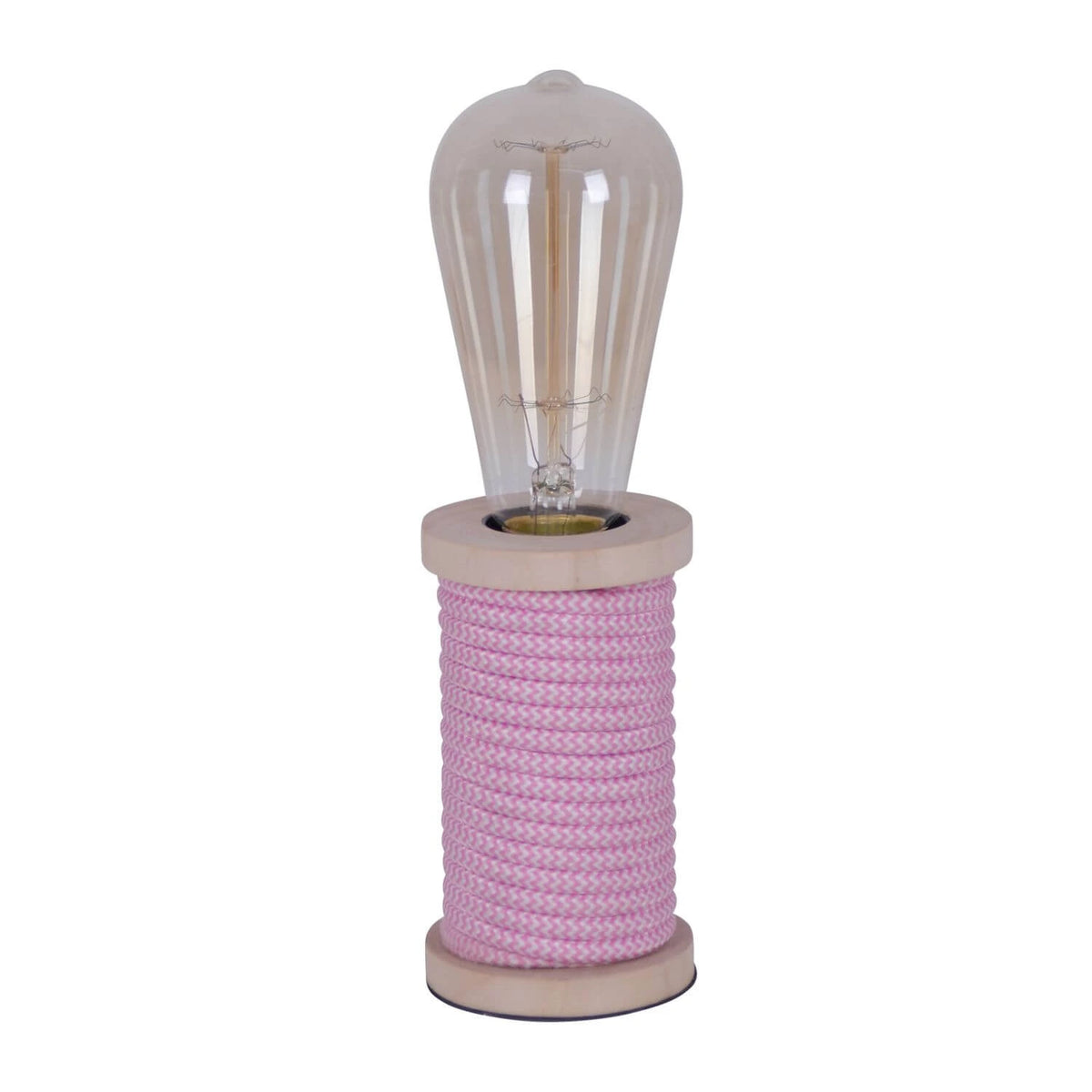 Näve Max kleine Tischlampe aus Holz mit E27-Fassung und pink-weißem Textilseil